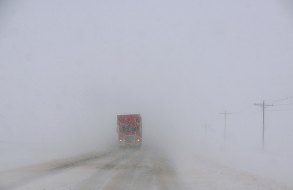 Semi-Truck Driving in Blizzard and Whiteout Conditions