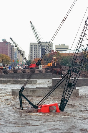 Construction Crane Submerged in Flood Waters